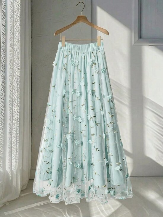 Dresses & Skirts - Mint Green Boho Women's Elegant Embroidered Mesh Floral A-Line Skirt